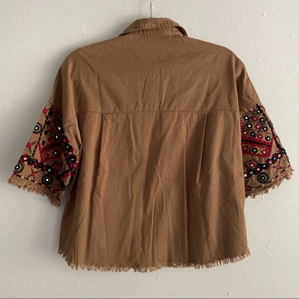 NWOT MANGO Casual Brown Cropped Embroidered Shirt - Picture 5 of 7
